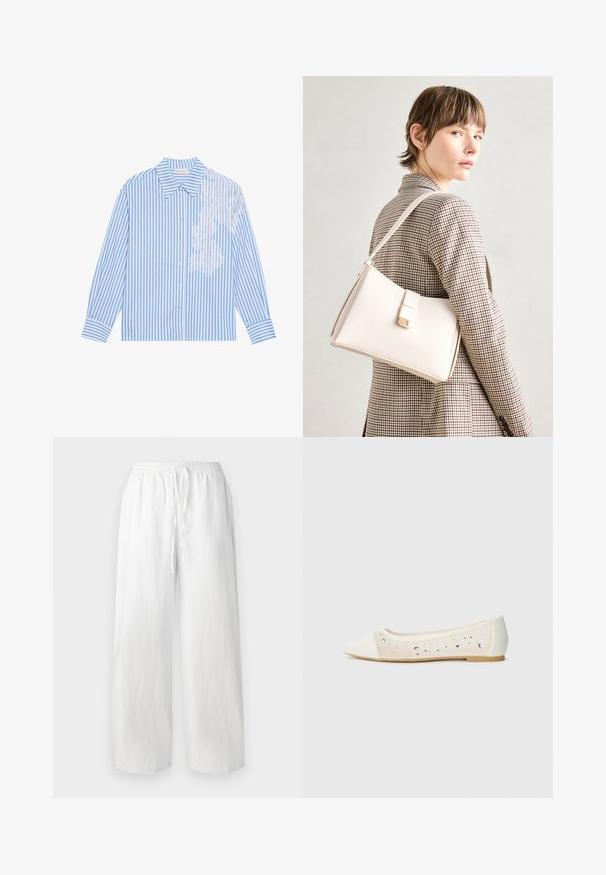 Blue and white striped shirt with long sleeves, a pointed collar, and button closure, featuring lace detail on the left side.; White wide-leg trousers with an elastic waistband and drawstring. Made of lightweight fabric with a smooth texture. No patterns or accents.; Pointed-toe flat in cream leather with transparent upper featuring scattered rhinestones. Soft sole for comfort, minimalistic design.; White leather handbag with a structured design, featuring a magnetic clasp and a shoulder strap, showcased against a neutral background.