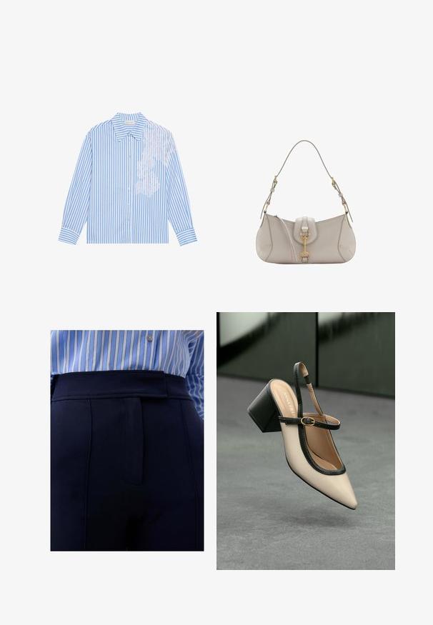 Cămașă cu dungi albastre și albe, cu mâneci lungi, guler ascuțit și închidere cu nasturi, având detalii din dantelă pe partea stângă.; Scalpers SUN - Pantaloni - navy; Pantof divers în nuanță bej, cu vârf ascuțit, curea de susținere în spate, cu margine neagră, cataramă aurie și toc gros pe un podea gri, cu un fundal verde închis.; Geantă de mână din piele gri deschis, cu o formă curbată, accesorii din aur, un sistem de închidere în față și detalii cusute. Include o curea de umăr ajustabilă.