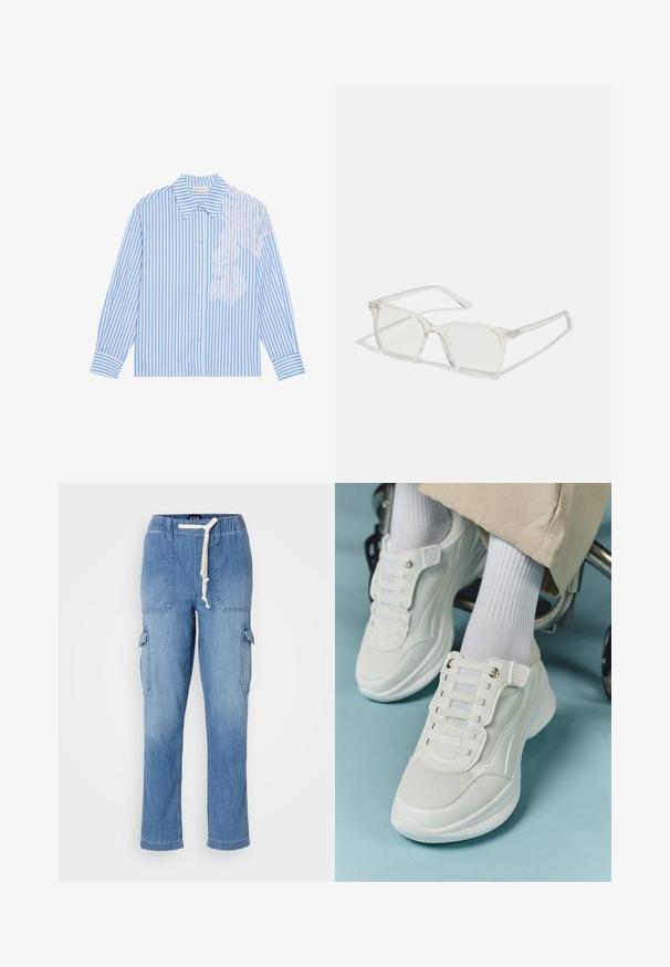 Modro-bílé pruhované tričko s dlouhými rukávy, špičatým límcem a knoflíkovým zapínáním, se zdobným krajkovým detaily na levé straně.; Světle modré denimové cargo kalhoty s elastickým páskem, stahovací šňůrkou, bočními kapsami a náprsními kapsami na stehnech.; Bílé tenisky s materiálem z mešové tkaniny, gumovou podrážkou, bezšňůrovým designem s elastickými pásky a zlatými akcenty.; Průhledné plastové brýle čtvercového rámečku s průsvitnými čočkami, které mají zlaté akcenty na spáncích pro zvýraznění detailů.