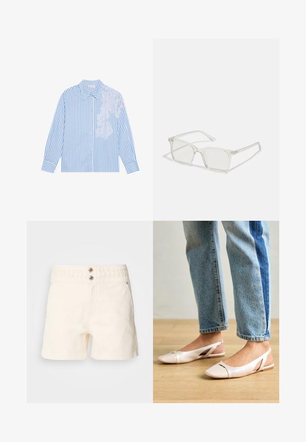 Camisa de listras azuis e brancas com mangas longas, colarinho pontudo e fecho por botões, apresentando um detalhe de renda no lado esquerdo.; Calções de ganga de cor creme com uma cintura elástica texturizada, dois bolsos frontais e dois detalhes de botão decorativos na cintura.; Sapatilhas slingback de cor rosa pálido com bico fino, feitas de um material semelhante a couro liso. Apresentam detalhes recortados nas laterais e um salto plano.; Óculos quadrados de plástico transparente com lentes translúcidas, apresentando detalhes em dourado nas hastes.