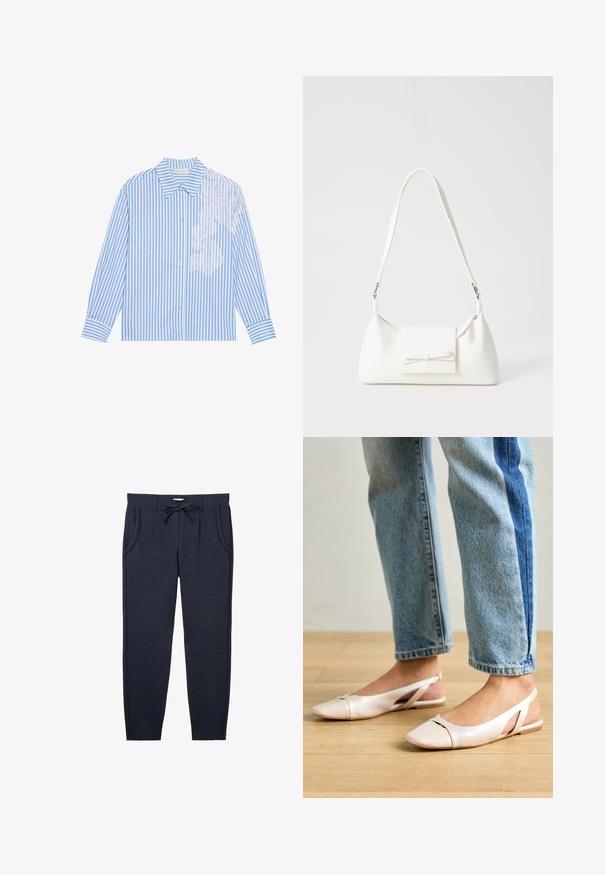 Blue and white striped shirt with long sleeves, a pointed collar, and button closure, featuring lace detail on the left side.; Navy blue sweatpants made of textured fabric, featuring an elastic waistband with drawstring, side pockets, and tapered legs.; Pale pink slingback flats with a pointed toe, made from a smooth leather-like material. Features cut-out details at the sides and a flat heel.; White synthetic handbag with a triangular shape, flat front flap and bow detail, adjustable strap, smooth texture, and minimalistic design.