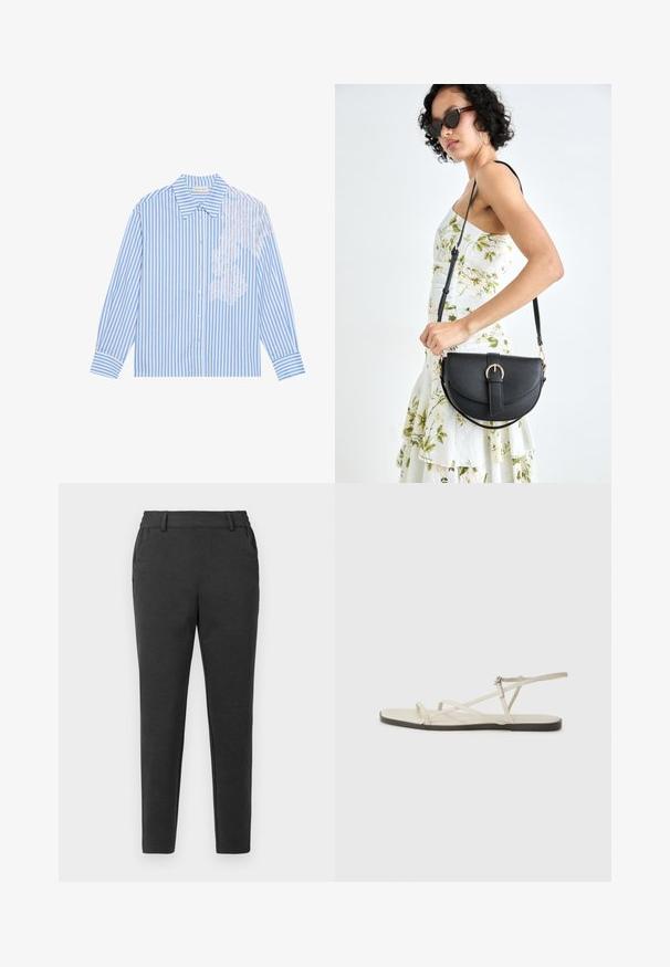Blå och vit randig skjorta med lång ärm, spetsad krage och knappstängning, med spetsdetaljer på vänster sida.; Mörkgrå slim-fit byxor med bälteshällor, sidfickor och en tapered ben-design på en ljus, enfärgad bakgrund.; Beige platt sandal med flera smala remmar och ett justerbart spänne. Sulan är platt med en lätt mörk kontrast vid kanten.; Svart läderhandväska med en böjd form, avtagbar rem och guldiga detaljer. Väskan har ett lock med en spänndetalj.
