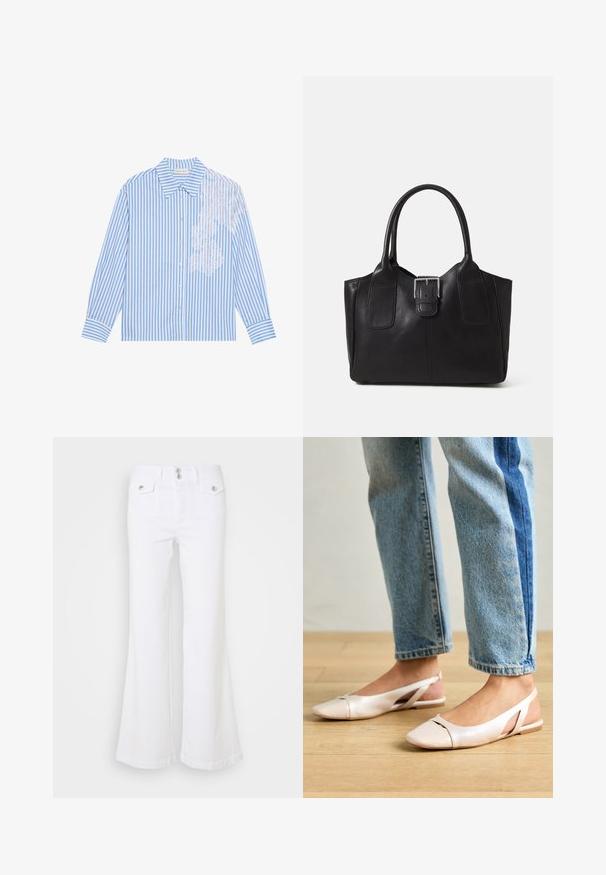 Blå og hvidstribet skjorte med lange ærmer, spids krave og knaplukning, med blonderdetalje på venstre side.; Hvide udsvingende jeans lavet af denim, med høj talje, to forlommer og sølvknapdetaljer på en ensfarvet baggrund.; Lyserøde slingback flade sko med spidse tær, lavet af et glat læderlignende materiale. Har udskæringsdetaljer på siderne og en flad hæl.; Sort læder tote taske med glat tekstur, struktureret form, to håndtag og en fremtrædende sølvspænde detalje på forsiden.