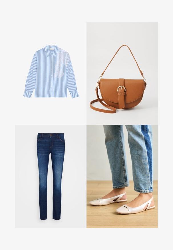 Zila un balta svītraina krekls ar garām piedurknēm, ar smailu apkakli un pogu aizdari, ar mežģīņu detaļu kreisajā pusē.; Tumši zili džinsu bikses ar šauru piegriezumu, piecu kabatu dizainu un pogu aizdari. Ievērojama izbalēšana un izšūti akcenti kontrastējošā krāsā.; Bālti rozā siksniņu dzīvokļi ar smailu purngalu, izgatavoti no gludas ādas līdzīgās materiāla. Iezīmē izgriezumu detaļas sānos un platu papēdi.; Brūns ādas plecu soma ar izliekta formu, zelta piederumiem un sprādzes akcentu. Iesaiņota ar noņemamu plecu siksnu.