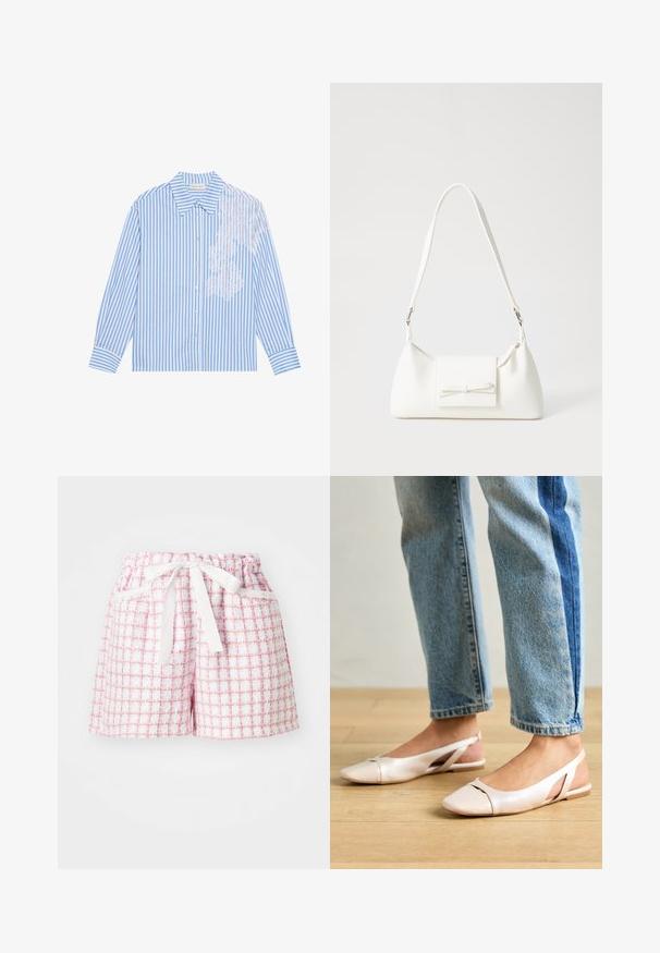 Chemise rayée bleue et blanche à manches longues, avec un col pointu et une fermeture à boutons, présentant des détails en dentelle sur le côté gauche.; Shorts à carreaux blancs et roses avec un tissu texturé, dotés d'une taille élastique et d'un nœud attaché à l'avant. Deux poches latérales.; Ballerines slingback rose pâle avec un bout pointu, fabriquées en un matériau semblable au cuir lisse. Présentent des découpes sur les côtés et un talon plat.; Sac à main synthétique blanc en forme triangulaire, avec un rabat avant plat et un détail en nœud, une bandoulière ajustable, une texture lisse et un design minimaliste.