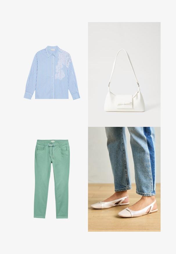 Blauw-wit gestreepte blouse met lange mouwen, een puntige kraag en knoopsluiting, met kantdetails aan de linkerkant.; Muntgroene broek van zachte stof, met een trekkoord in de taille, twee voorzakken en subtiele stiksels langs de zijnaad.; Zachtroze slingback ballerina's met een spitse neus, gemaakt van een glad leerachtig materiaal. Bevat uitsnijdingen aan de zijkanten en heeft een platte hak.; Witte synthetische handtas met een driehoekige vorm, platte voorklep en strikdetail, verstelbare schouderriem, gladde textuur en minimalistisch ontwerp.