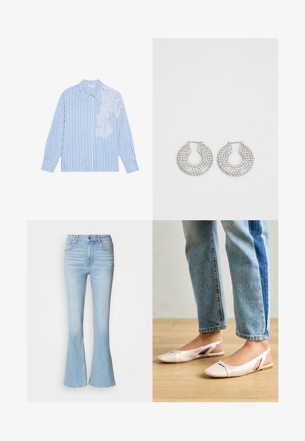 Sinine ja valge triibuline pikkade varrukatega särk, millel on terav krae ja nööbikinnis, vasakul küljel pitsdetail.; Heled sinised laiad teksad, mis on valmistatud denimist, kõrge vöökoht, peene pleekimisega ja tavalise lukuga.; Kahvatu roosa slingback lapikute jalatsite paar, millel on terav varvas, valmistatud siledast nahataolisest materjalist. Omab külgedel lõikekohti ja lapikut kontsa.; Hõbedased rõngaskõrvarõngad, millel on mitmeid selgeid kristallitoot.