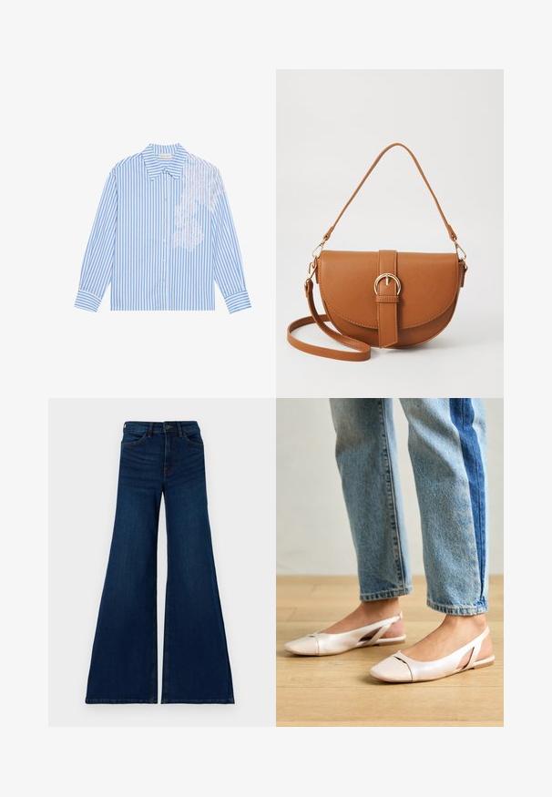 Blå och vit randig skjorta med lång ärm, spetsad krage och knappstängning, med spetsdetaljer på vänster sida.; Bredbeniga jeans i mörk denim, med hög midja, fem fickor och knappstängning, prydda med subtil söm och utan utsmyckningar.; Ljust rosa slingback-lägenheter med spetsig tå, tillverkade av ett slätt läderliknande material. Har utskurna detaljer på sidorna och en platt häl.; Brun läder crossbody-väska med en böjd form, gyllene detaljer och en spänneaccent. Har en avtagbar axelrem.