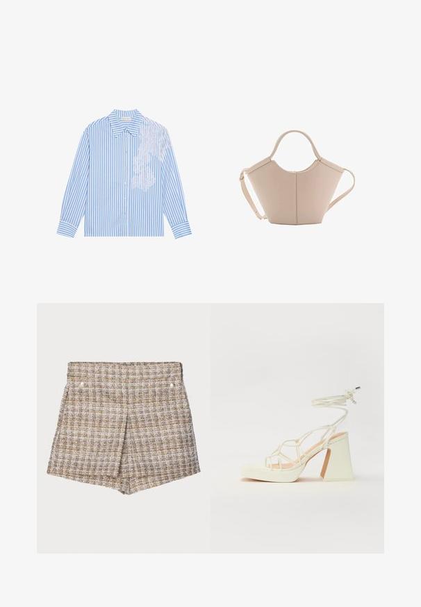 Sininen ja valkoinen raidallinen pitkähihaainen paita, jossa on terävä kaulus ja nappisulku, ja vasemmalla puolella pitsiyksityiskohta.; Ruskeakehyksiset kudottu shortsit, joissa on teksturoitu pinta, kahdella hopeisella painonapilla edessä ja tyylitelty, rakenteellinen muotoilu.; Valkoinen korkokenkä, jossa on paksu korko, ja joka sisältää nauhakiinnityksen ja nilkkaketjun. Sujuva pinta, jossa on platform-etupohja lisäkorkeutta varten.; Vaaleanbeige nahkainen käsilaukku, jossa on ainutlaatuinen muoto, varustettuna kahdella lyhyellä kahvalla ja yhdellä pitkällä säädettävällä hihnalla. Sujuva pinta ja vähän metalliosia.