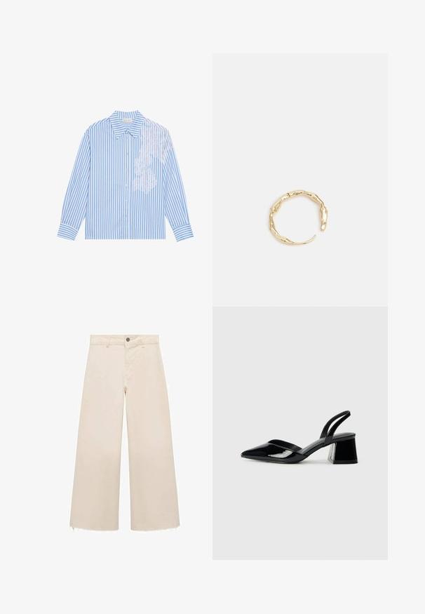 Blue and white striped shirt with long sleeves, a pointed collar, and button closure, featuring lace detail on the left side.; Wide-leg trousers in light beige cotton, featuring a button closure, subtle frayed hem, and a loose fit design.; Black patent leather slingback heels with a pointed toe and a geometric block heel. Features a sleek, minimal design and smooth texture.; Gold-tone ring featuring an organic, twisted design with smooth texture and tapered ends, creating a modern, sculptural appearance.