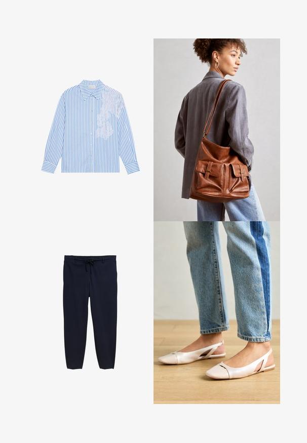 Sininen ja valkoinen raidallinen pitkähihaainen paita, jossa on terävä kaulus ja nappisulku, ja vasemmalla puolella pitsiyksityiskohta.; Tummansiniset housut, joissa on joustava vyötärö ja kiristysnarut. Materiaali on sileä, ja lahkeet ovat kapenevat ilman näkyviä kuvioita.; Vaaleanpunaiset slingback-ballerinat, joissa on terävä kärki, valmistettu sileästä nahkamaisesta materiaalista. Sivujen leikkuuyksityiskohdat ja tasapohja.; Ruskea nahkainen ämpärilaukku, jossa on kaksi etutaskua, joissa on solkikoristeet. Laukussa on sileä pinta ja säädettävä hihna.