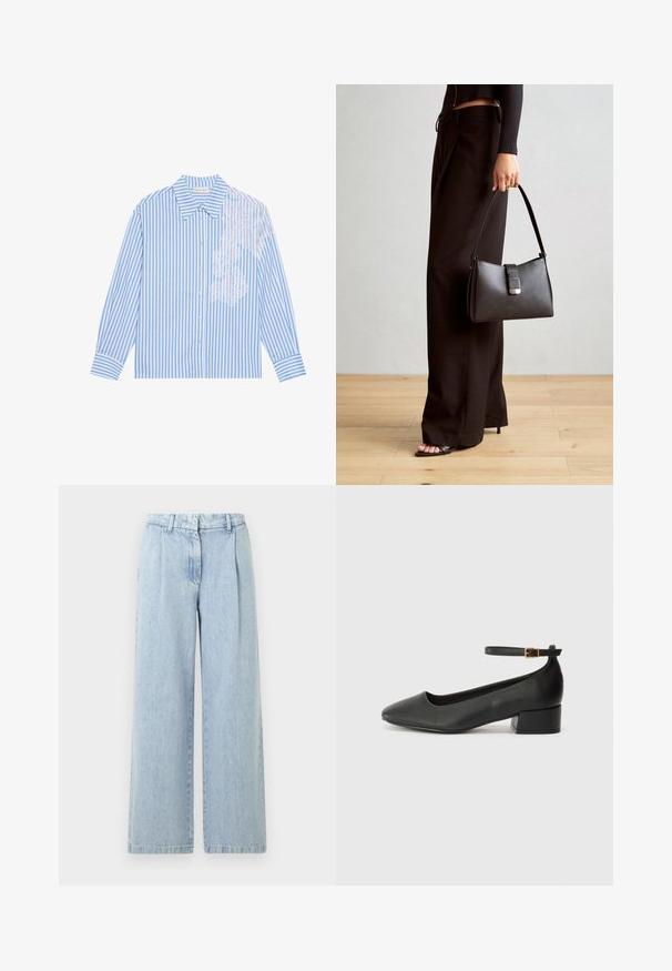 Zila un balta svītraina krekls ar garām piedurknēm, ar smailu apkakli un pogu aizdari, ar mežģīņu detaļu kreisajā pusē.; Gaiši zili džinsa platā kāju bikses ar krokām, elastīgu jostu un izbalējušu krāsu. Ievērojama taisna piegrieza un pabeigti apakšmalas.; Melnas ādas sūkņi ar smailu purngalu un zemu bloku papēdi. Iezīmēts ar potītes siksniņu ar zelta krāsas sprādzi. Gluda tekstūra.; Melnā somiņa ar strukturētu formu, gludu tekstūru un metālu sprādzi. Saskaņota ar platām melnām biksēm un sandālēm ar atvērtu purngalu uz koka grīdas.