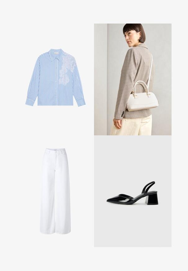 Mėlyna ir balta dryžuota marškinė su ilgamis rankovėmis, šviesiai suformuotu apykakle ir sagčių uždarymu, turinčios nėrinių detalę kairėje pusėje.; Plačios baltos džinsų kelnės, pagamintos iš denimo, su aukštu liemeniu, priekinėmis kišenėmis ir klasiniu penkių kišenių dizainu, užsegimas užtrauktuku.; Juodos lakuotos odinės šlepetės su smailiu pirštu ir geometriniu bloko kulnu. Turi elegantišką, minimalistinį dizainą ir lygų paviršių.; Balta struktūruota rankinė su trumpomis rankenomis ir peties diržu, su auksinėmis detalėmis ir tekstūruota medžiaga, pastatyta prieš pilką foną.; Penkių auksinių auskarų rinkinys, pasižymintis įvairiais dizainais: suktos, briaunotos ir lygios paviršiai, kilpos ir pusmėnulio formos.