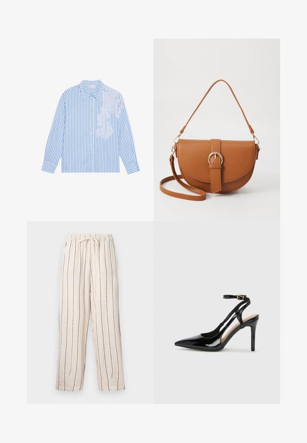 Chemise rayée bleue et blanche à manches longues, avec un col pointu et une fermeture à boutons, présentant des détails en dentelle sur le côté gauche.; Pantalons en mélange de lin beige à rayures verticales bleu marine, avec une taille élastique et un cordon de serrage ajustable. Coupe évasée et texture légère.; Escarpin en cuir verni noir à talon haut, avec un bout pointu, une bride réglable à la cheville et des côtés ouverts. Texture lisse.; Sac bandoulière en cuir marron avec une forme incurvée, quincaillerie dorée et un accent en boucle. Comprend une bandoulière détachable.