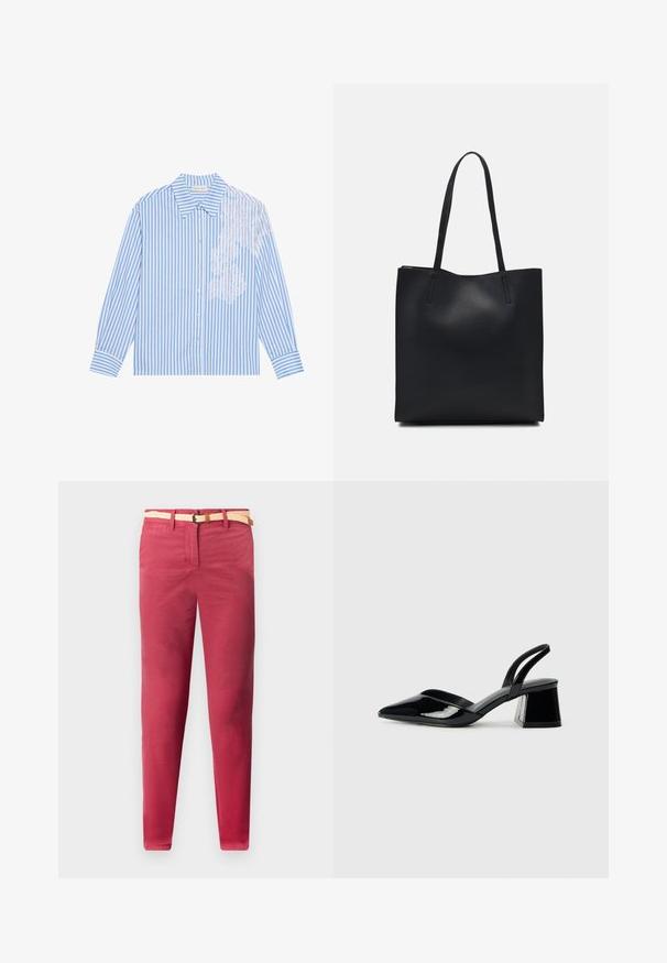 Blå og hvidstribet skjorte med lange ærmer, spids krave og knaplukning, med blonderdetalje på venstre side.; Røde bomuldsbukser med smal pasform, der har et vævet beige bælte og forlommer, glat tekstur og lige ben design.; Sorte patentlæder slingback hæle med spids tå og en geometrisk blok hæl. Har et elegant, minimalistisk design og en glat tekstur.; Sort læder tote taske med glat tekstur, rektangulær form og to lange hanke. Ingen synlig hardware eller udsmykninger.