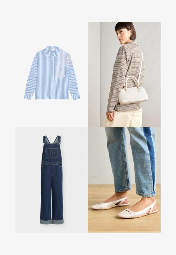Sininen ja valkoinen raidallinen pitkähihaainen paita, jossa on terävä kaulus ja nappisulku, ja vasemmalla puolella pitsiyksityiskohta.; Denim-haalarihousut leveillä lahkeilla, tummansininen väri, säädettävät olkaimet, etutasku ja hopeiset yksityiskohdat. Lahkeiden alareunassa käännetyt reunat.; Vaaleanpunaiset slingback-ballerinat, joissa on terävä kärki, valmistettu sileästä nahkamaisesta materiaalista. Sivujen leikkuuyksityiskohdat ja tasapohja.; Valkoinen rakenteellinen käsilaukku, jossa on lyhyet kahvat ja olkahihna, varustettu kultaisilla metalliosilla ja tekstuurilla, esillä harmaata taustaa vasten.