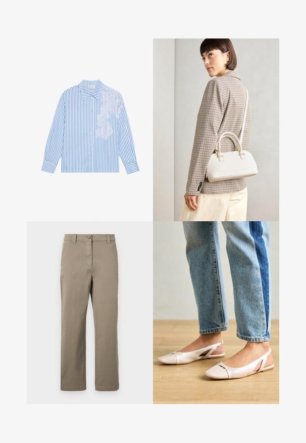 Blue and white striped shirt with long sleeves, a pointed collar, and button closure, featuring lace detail on the left side.; Khaki cotton chinos with a straight leg design, featuring a front button, side pockets, and a smooth texture. No visible patterns or accents.; Pale pink slingback flats with a pointed toe, made from a smooth leather-like material. Features cut-out details at the sides and a flat heel.; White structured handbag with short handles and a shoulder strap, featuring gold hardware accents and textured material, displayed against a grey background.