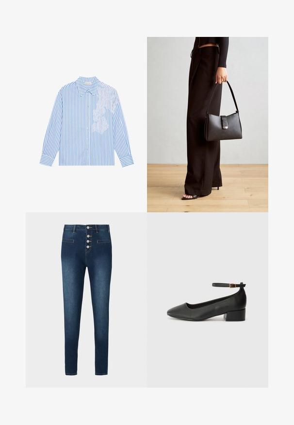 Zila un balta svītraina krekls ar garām piedurknēm, ar smailu apkakli un pogu aizdari, ar mežģīņu detaļu kreisajā pusē.; Tumši zili džinsi ar augstu jostas līniju, piecu pogu aizdari un divām priekšējām kabatām. Gluda tekstūra ar kontrastējošām šuvju detaļām.; Melnas ādas sūkņi ar smailu purngalu un zemu bloku papēdi. Iezīmēts ar potītes siksniņu ar zelta krāsas sprādzi. Gluda tekstūra.; Melnā somiņa ar strukturētu formu, gludu tekstūru un metālu sprādzi. Saskaņota ar platām melnām biksēm un sandālēm ar atvērtu purngalu uz koka grīdas.