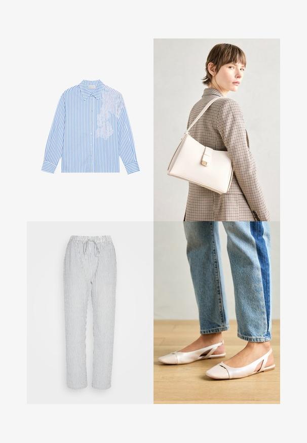 Camisa de listras azuis e brancas com mangas longas, colarinho pontudo e fecho por botões, apresentando um detalhe de renda no lado esquerdo.; Calças de pijama leves em algodão, com cintura elástica e cordão. Apresentam riscas verticais azuis e brancas e bolsos laterais.; Sapatilhas slingback de cor rosa pálido com bico fino, feitas de um material semelhante a couro liso. Apresentam detalhes recortados nas laterais e um salto plano.; Bolsa de mão em couro branco com um design estruturado, apresentando um fecho magnético e uma alça de ombro, exibida sobre um fundo neutro.