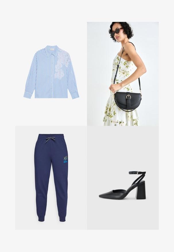 Modrá a biela pruhovaná košeľa s dlhými rukávmi, špicatým golierom a zapínaním na gombíky, s čipkovým detailom na ľavej strane.; Námornícke modré tepláky s pásekom na stiahnutie a manžetami na členkoch. Na ľavom stehne je logo Lotto v živých farbách. Vyrobené z jemnej tkaniny.; Čierne kožené lodičky s špicatou špičkou a členkovým remienkom, s masívnym podpätkom. Hladký povrch, elegantný dizajn a minimalistická estetika.; Čierna kožená kabelka s zaobleným tvarom, odnímateľným popruhom a zlatými doplnkami. Kabelka má klopu s detailom s prackou.; Náušnice v zlatej farbe s textúrovanými, vlnitými tvarmi. Obsahujú sochárske klipsové náušnice a otvorený tvar krúžku s kladivkovým povrchom.