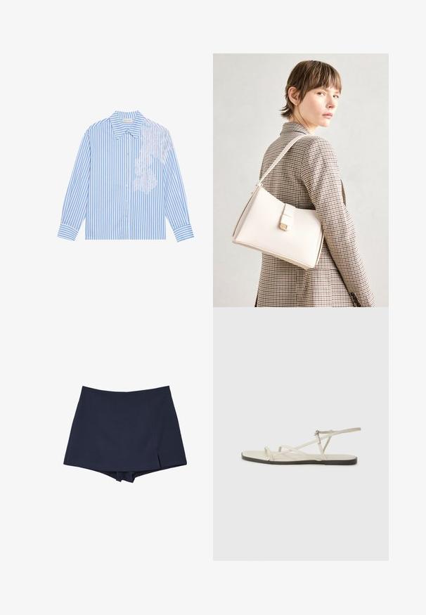 Camicia a righe blu e bianche con maniche lunghe, colletto a punta e chiusura con bottoni, con dettagli in pizzo sul lato sinistro.; Gonna pantalone blu navy con un davanti a portafoglio e lunghezza corta, caratterizzata da una piccola apertura sul lato destro.; Sandal in beige piatta con multiple cinghie sottili e una fibbia regolabile. La suola è piatta con un leggero contrasto scuro lungo il bordo.; Borsa a mano in pelle bianca con un design strutturato, presente di un clasp magnetico e una tracolla, esposta su uno sfondo neutro.