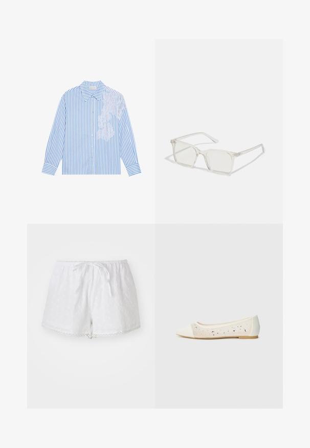 Mėlyna ir balta dryžuota marškinė su ilgamis rankovėmis, šviesiai suformuotu apykakle ir sagčių uždarymu, turinčios nėrinių detalę kairėje pusėje.; Baltarai medvilniniai šortai su elastinga juosta ir raišteliu. Yra aklųjų siuvinėjimas ir nėrinių apdaila apačioje.; Kreminės odos balerinos bateliai su skaidriu viršumi, dekoruoti išsibarsčiusiais kristalais. Minkštas padas užtikrina komfortą, minimalistinis dizainas.; Permat nuleidžiai skaidrūs kvadrato formos akinius su permatomais lęšiais, kurie turi auksines detales ant šventyklų.