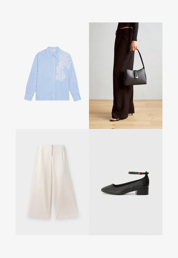 Modrá a biela pruhovaná košeľa s dlhými rukávmi, špicatým golierom a zapínaním na gombíky, s čipkovým detailom na ľavej strane.; Béžové široké nohavice vyrobené z hladkej látky, s vysokým pásom, bočnými vreckami a čistým, minimalistickým dizajnom.; Čierne kožené lodičky s špicatou špičkou a nízkym blokovým podpätkom. Obsahuje remienok okolo členka so zlatým prackou. Hladký povrch.; Čierna kabelka so štruktúrovaným tvarom, hladkou textúrou a kovovou sponou. V kombinácii so širokými čiernymi nohavicami a sandálmi s otvorenou špičkou na drevenej podlahe.