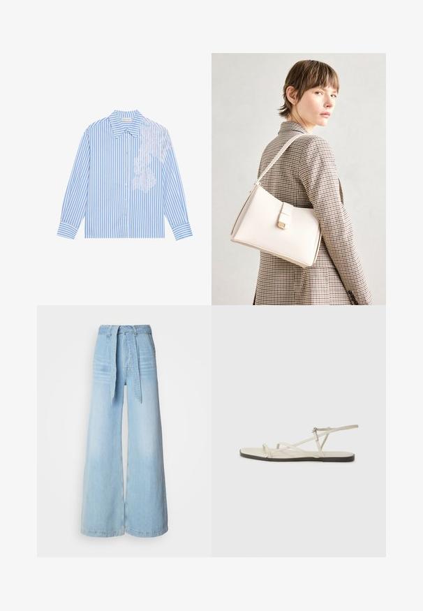 Mėlyna ir balta dryžuota marškinė su ilgamis rankovėmis, šviesiai suformuotu apykakle ir sagčių uždarymu, turinčios nėrinių detalę kairėje pusėje.; Šviesiai mėlynos plačios kojelės džinsai su aukštu juosmeniu, papildyti surišamu diržu, šoninėmis kišenėmis ir šiek tiek išblukusia džinsinio audinio tekstūra.; Bežiniai plokšti sandalai su keliais lieknais dirželiais ir reguliuojamu užsegimu. Padas plokščias, su lengvu tamsiu kontrastu krašte.; Balto odos rankinė su struktūrizuotu dizainu, turinti magnetinį užsegimą ir petnešą, demonstruojama prieš neutralią foną.