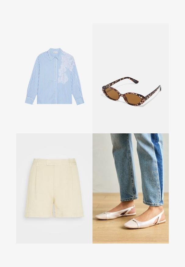 Kék és fehér csíkos ing, hosszú ujjakkal, hegyes gallérral és gombos záródással, bal oldalon csipke részlettel.; Lindex MARIA - Rövidnadrágok - beige; Világos rózsaszín slingback laposlábú cipők, hegyes orral, sima bőrhatású anyagból készült. Oldalt kivágott részletek találhatók rajta, valamint lapos sarkú.; Teknősbéka mintás napszemüveg, ovális lencsékkel, barna árnyalatú, vékony karokkal, amelyek texturált mintával rendelkeznek, könnyű műanyag keret.