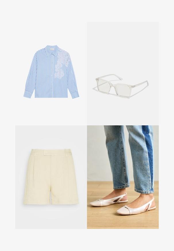 Niebieska i biała koszula w paski z długimi rękawami, z na ostro kołnierzykiem i zapięciem na guziki, z koronkowym wykończeniem po lewej stronie.; Lindex MARIA beżowy; Jasnoróżowe baleriny na odkrytej pięcie z wąskim noskiem, wykonane z gładkiego materiału imitującego skórę. Posiadają wycięcia po bokach oraz płaski obcas.; Przezroczyste, kwadratowe okulary z plastiku z półprzezroczystymi soczewkami, z złotymi akcentami na zausznikach dla dodatkowego wykończenia.