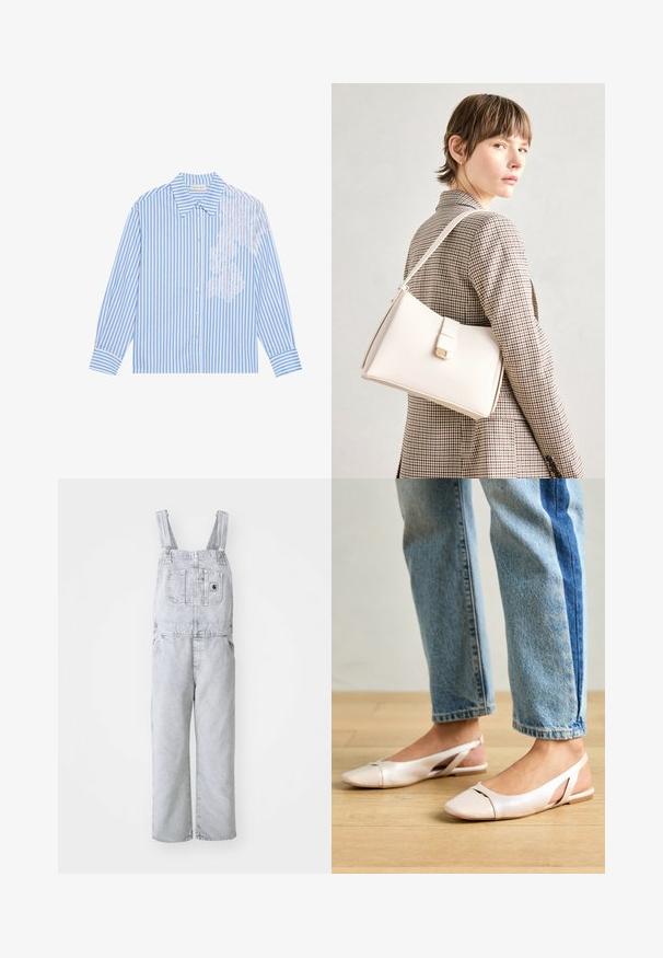 Sinine ja valge triibuline pikkade varrukatega särk, millel on terav krae ja nööbikinnis, vasakul küljel pitsdetail.; Hallide denim üleüldise riietus koos reguleeritavate rihmadega, esikoti ja külge insertitud taskutega; lahtine, sirge jalgade disain; kulunud pesu koos minimaalsete tekstuuritunnustega.; Kahvatu roosa slingback lapikute jalatsite paar, millel on terav varvas, valmistatud siledast nahataolisest materjalist. Omab külgedel lõikekohti ja lapikut kontsa.; Valge nahast käekott struktureeritud disainiga, millel on magnetlukk ja õlavarre rihm, esitletud neutraalse tausta ees.