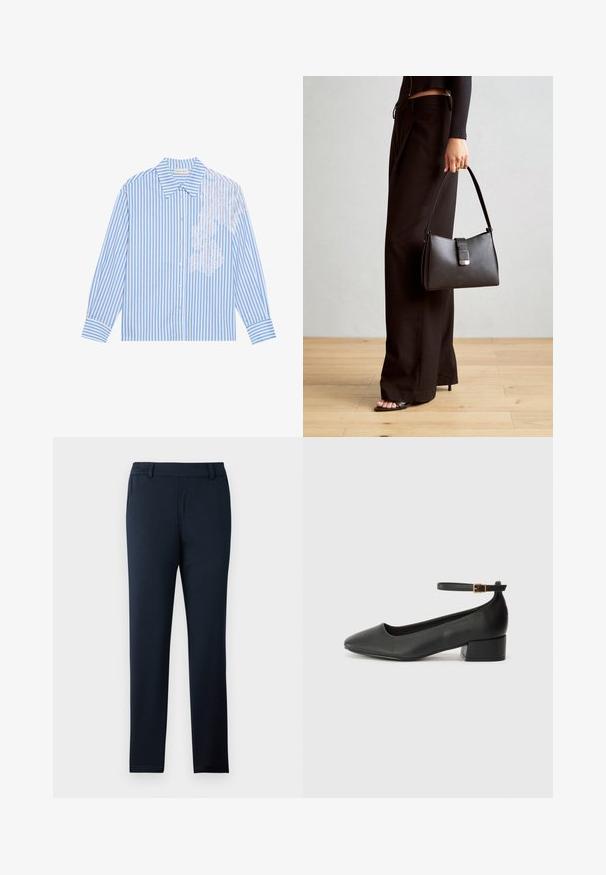 Kék és fehér csíkos ing, hosszú ujjakkal, hegyes gallérral és gombos záródással, bal oldalon csipke részlettel.; Sötétkék nadrág, puha, rugalmas anyagból készült. Simára varrt elülső része van, övhurkokkal és keskeny, taperd lábujj elrendezéssel.; Fekete bőr magassarkú cipő hegyes orral és alacsony tömb sarkal. Bokapánttal rendelkezik, aranyszínű csattal. Simább textúra.; Fekete kézi táska strukturált formával, sima textúrával és fémből készült záródással. Széles fekete nadrággal és nyitott orrú szandállal párosítva, fából készült padlón.