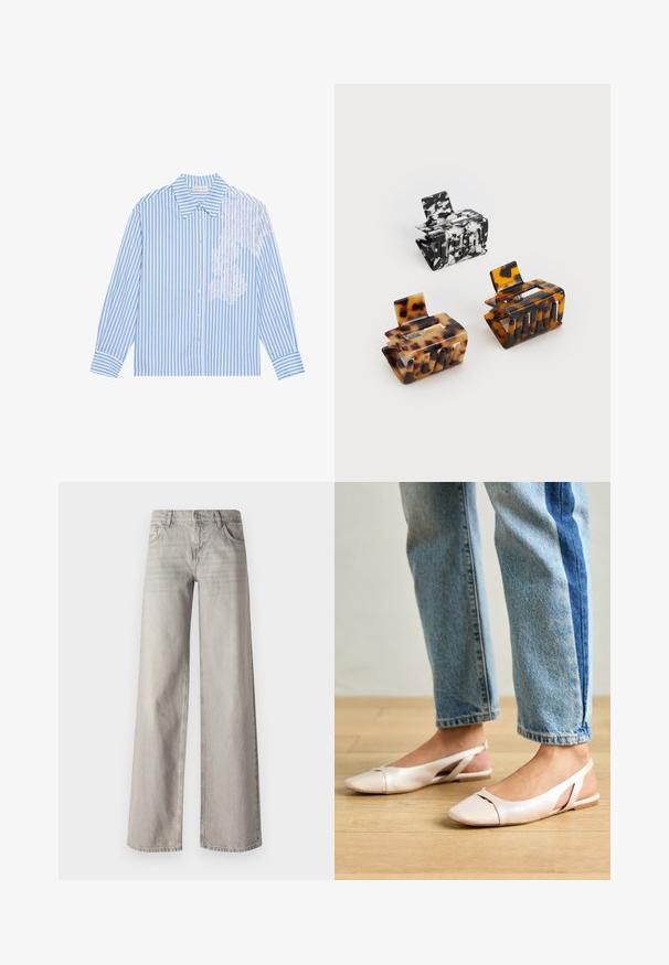 Modrá a biela pruhovaná košeľa s dlhými rukávmi, špicatým golierom a zapínaním na gombíky, s čipkovým detailom na ľavej strane.; Svetlo šedé široké džínsy vyrobené z denimu, s päť pocket dizajnom, predným zapínaním na gombík a mierne vyblednutou textúrou.; Svetloružové slingback baleríny s jemne špicatou špičkou, vyrobené z hladkého materiálu pripomínajúceho kožu. Majú výrezové detaily na stranách a plochý opätok.; Tričko na vlasy: jedno čierno-biele mramorované, dve korytnačie v hnedej a čiernej farbe, všetky vyrobené z lesklého plastu s textúrovaným povrchom.