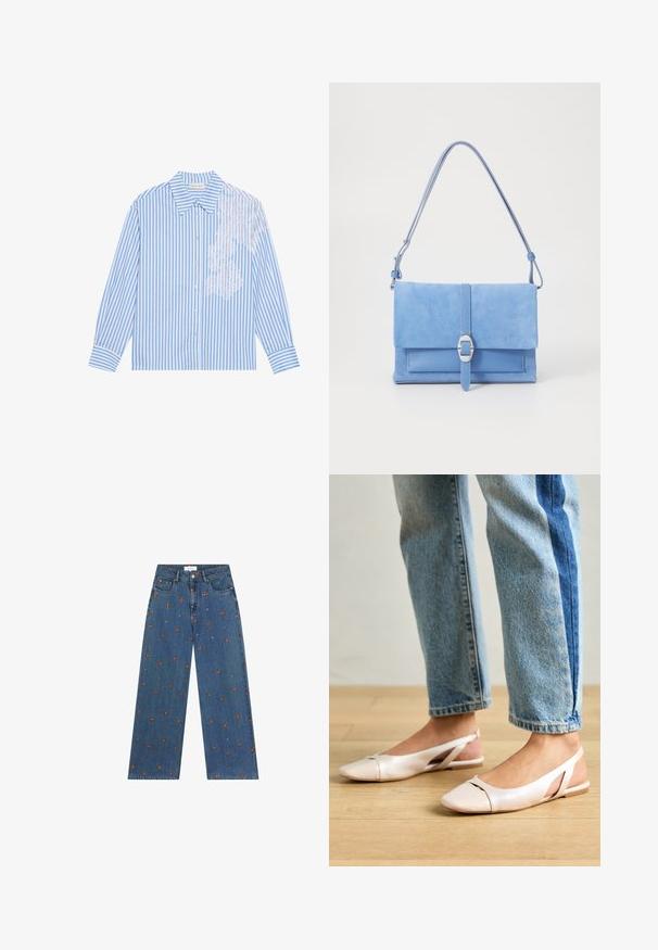 Sininen ja valkoinen raidallinen pitkähihaainen paita, jossa on terävä kaulus ja nappisulku, ja vasemmalla puolella pitsiyksityiskohta.; Siniset leveälahkeiset farkut, joissa on oransseja ja valkoisia brodeerattuja kukkakuvioita, napin kiinnitys ja etutaskut.; Vaaleanpunaiset slingback-ballerinat, joissa on terävä kärki, valmistettu sileästä nahkamaisesta materiaalista. Sivujen leikkuuyksityiskohdat ja tasapohja.; Sininen mokkanahkainen käsilaukku, jossa on sileä nahkapohja, taitettava läppä, hopeinen solk yksityiskohta ja pitkä säädettävä olkahihna.