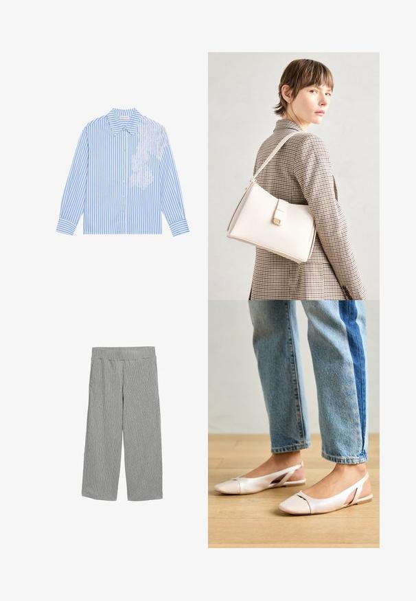 Camicia a righe blu e bianche con maniche lunghe, colletto a punta e chiusura con bottoni, con dettagli in pizzo sul lato sinistro.; Pantaloni grigi leggeri con un motivo a righe verticali, taglio a gamba larga, vita elasticizzata e senza tasche visibili.; Ballerine slingback rosa pallido con punta affusolata, realizzate in un materiale simile alla pelle liscio. Presentano dettagli a taglio sui lati e un tacco piatto.; Borsa a mano in pelle bianca con un design strutturato, presente di un clasp magnetico e una tracolla, esposta su uno sfondo neutro.