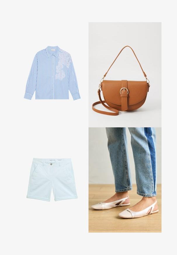 Blå og hvidstribet skjorte med lange ærmer, spids krave og knaplukning, med blonderdetalje på venstre side.; Lyseblå chino-shorts med omslagssøm, der har to sidelommer og en frontknaplukning. Fremstillet af åndbart materiale.; Lyserøde slingback flade sko med spidse tær, lavet af et glat læderlignende materiale. Har udskæringsdetaljer på siderne og en flad hæl.; Brun læder crossbody taske med en buet form, guldfarvet hardware og en spændeaccent. Har en aftagelig skulderrem.