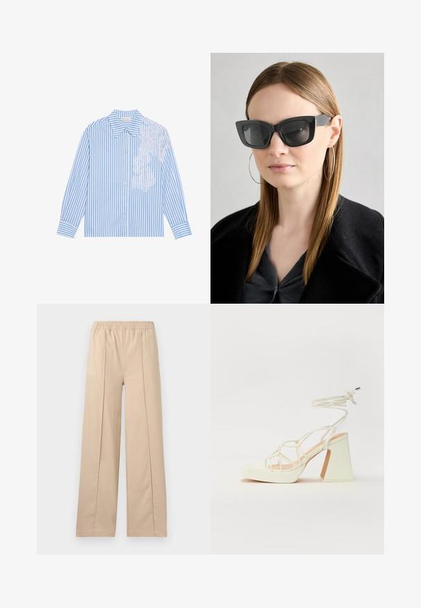 Sininen ja valkoinen raidallinen pitkähihaainen paita, jossa on terävä kaulus ja nappisulku, ja vasemmalla puolella pitsiyksityiskohta.; Vaaleanruskeat leveälahkeiset housut, joissa on joustava vyötärö, kaksi pystysuuntaista taitosviivaa, pehmeä kangas ja yksinkertainen muotoilu.; Valkoinen korkokenkä, jossa on paksu korko, ja joka sisältää nauhakiinnityksen ja nilkkaketjun. Sujuva pinta, jossa on platform-etupohja lisäkorkeutta varten.; Mustan kissakuvioisen aurinkolasit tummilla linsseillä, paksuilla kehyksillä ja hillityillä yksityiskohdilla. Yhdistetty mustaan takkiin ja harmaaseen paitoihin, joissa on pitkät suorat hiukset.