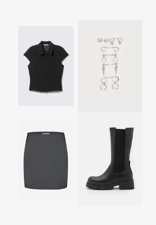Čierna priliehavá blúzka s krátkym rukávom a predným zipsom a širokým golierom, položená na bielom pozadí.; Envii SPLIT - Puzdrová sukňa - grey; ONLY SHOES ONLDOJA - Čižmy na platforme - black; Sada strieborných náušníc s rôznymi dizajnmi: kruhové, puzety a visiace štýly, s okrúhlymi akcentmi a špicatými prvkami.