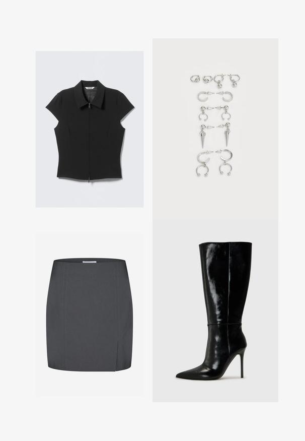 Svart tettsittende bluse med korte ermer, foran glidelås og bred krage, lagt flatt på en hvit bakgrunn.; Envii SPLIT - Blyantskjørt - grey; Sorte skinnkne-høye støvler med spiss tå og høye stiletthæler. Glatt tekstur og elegant design, med minimal detaljering.; Sett med sølvringer som har forskjellige design: hoops, stift og hengende stiler, med kuleakenter og spisse detaljer.