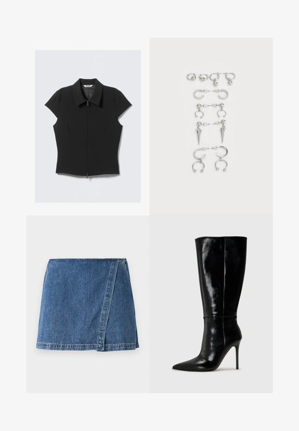 Černá úzká blůza s krátkým rukávem a předním zipem, se širokým límcem, položená na bílém pozadí.; Denimová sukně ve středně modré barvě s překládaným designem, s viditelným švem a rovným lemem.; Černé kožené vysoké boty po kolena s špičatou špičkou a vysokým jehlovým podpatkem. Hladká textura a elegantní design, s minimálními detaily.; Sada stříbrných náušnic s různými designy: kruhy, pecky a visací styly, se kuličkovými akcenty a špičatými prvky.