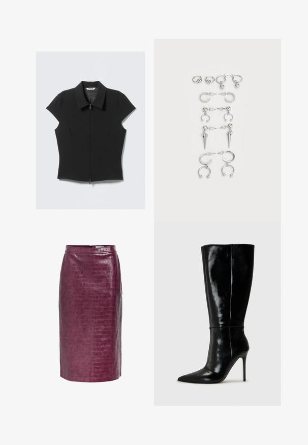 Black fitted short-sleeve blouse with a front zipper and wide collar, laid flat on a white background.; Burgundy faux leather pencil skirt with an alligator texture, featuring a back zip closure and side slits for ease of movement.; Black leather knee-high boots with a pointed toe and high stiletto heel. Smooth texture and sleek design, featuring minimal detailing.; Set of silver earrings featuring various designs: hoops, studs, and dangling styles, with ball accents and pointed elements.