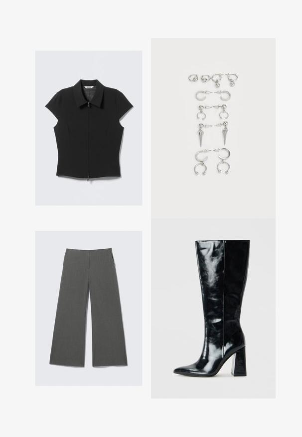 Svart figursydd kortärmad blus med dragkedja fram och bred krage, liggande platt på en vit bakgrund.; Grå vida byxor med en subtil randig mönster, med två sidfickor och en slät midjebandsdesign.; Svarta knähöga stövlar i blankt läder, med spetsig tå och en kraftig geometrisk klack med en slät yta.; Ett set silverörhängen med olika utformningar: ringar, stift och hängande stilar, med bollar och spetsiga detaljer.