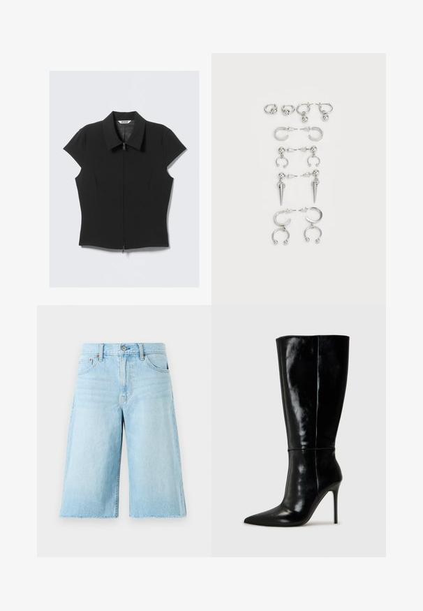 Svart tettsittende bluse med korte ermer, foran glidelås og bred krage, lagt flatt på en hvit bakgrunn.; Lyseblå denimshorts med løs passform, frynset kant, fem lommer og metallbeslag. Klassisk jeansdesign med subtil falming.; Sorte skinnkne-høye støvler med spiss tå og høye stiletthæler. Glatt tekstur og elegant design, med minimal detaljering.; Sett med sølvringer som har forskjellige design: hoops, stift og hengende stiler, med kuleakenter og spisse detaljer.