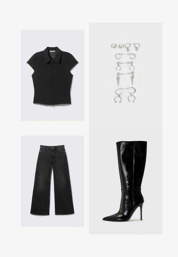 Černá úzká blůza s krátkým rukávem a předním zipem, se širokým límcem, položená na bílém pozadí.; Černé široké džíny s vysokým pasem, vyrobené z denimu. Mají měděné kovové detaily, design s pěti kapsami a vybledlou texturu.; Černé kožené vysoké boty po kolena s špičatou špičkou a vysokým jehlovým podpatkem. Hladká textura a elegantní design, s minimálními detaily.; Sada stříbrných náušnic s různými designy: kruhy, pecky a visací styly, se kuličkovými akcenty a špičatými prvky.