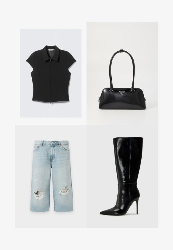 Svart figursydd kortärmad blus med dragkedja fram och bred krage, liggande platt på en vit bakgrund.; Ljust blå denimshorts med lös passform, med två stora slitningar framtill. Fem fickor och en synlig metallknappstängning.; Svarta läderknähöga stövlar med spetsig tå och hög stilettklack. Slät textur och elegant design med minimal detaljer.; Svart blänkande handväska med en rundad silhuett, två handtag och en framsides logotavla. Dragkedjestängning och glänsande metallaccenter.; Silver hoop örhängen med en slät, polerad yta. Rund form med en lätt böjd design och sammanflätade kanter. Spänne med pin-back.