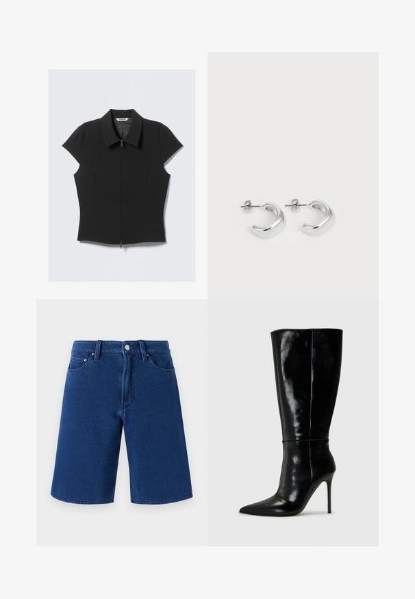 Czarna dopasowana bluzka z krótkim rękawem, z suwakiem z przodu i szerokim kołnierzem, ułożona płasko na białym tle.; Niebieskie dżinsowe szorty o prostym kroju, z pięcioma kieszeniami, widocznym pasem z metalowym guzikiem i szlufkami na pasek.; Czarne skórzane wysokie buty za kolano z ostro zakończonym noskiem i wysokim obcasem w kształcie szpilki. Gładka tekstura i smukły design, z minimalnymi detalami.; Srebrne kolczyki w kształcie obręczy z gładkim, wypolerowanym wykończeniem. Okrągły kształt z lekko zakrzywionym wzornictwem i zaokrąglonymi krawędziami. Zapięcie na szpilkę.