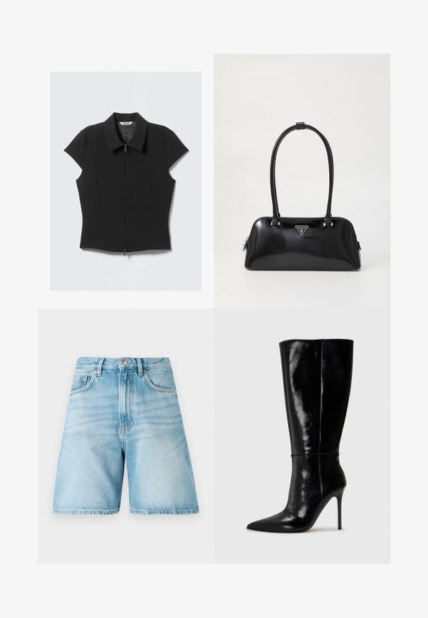 Melnā pieguļošā īso piedurkņu blūze ar priekšējo rāvējslēdzēju un plašu apkakli, novietota uz balta fona.; Gai zilu denima šorti ar brīvu piegriezumu, kas aprīkoti ar piecām kabatām, jostu cilpiņām un izbalējušu tekstūru. Apakšmala ir taisna un šūta.; Melnas ādas zābaki līdz ceļiem ar smailu purngali un augstu stiletto papēdi. Gluda tekstūra un elegants dizains, ar minimālu dekoru.; Melnā spīdīgā rokas soma ar izliekta siluetu, divām rokturiem un priekšējo logotipa plāksni. Ar rāvējslēdzēja aizdari un mirdzošiem aparatūras akcentiem.