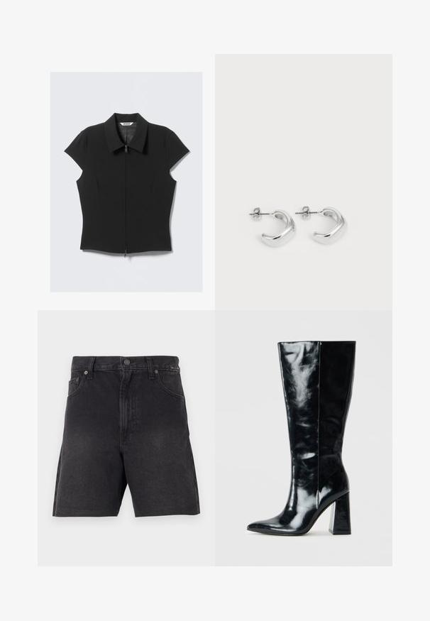 Svart tettsittende bluse med korte ermer, foran glidelås og bred krage, lagt flatt på en hvit bakgrunn.; Sorte denimshorts med rett snitt, med knappelukking, frontlommer og teksturert stoff. Minimalistisk design uten synlige mønstre.; Sorte knelang støvler laget av glatt skinn, med spiss tå og en tykk, geometrisk hæl med en jevn tekstur.; Sølv hoop øreringer med en glatt, polert finish. Rund form med en lett buet design og godt sammenflyttede kanter. Spenne med stift.