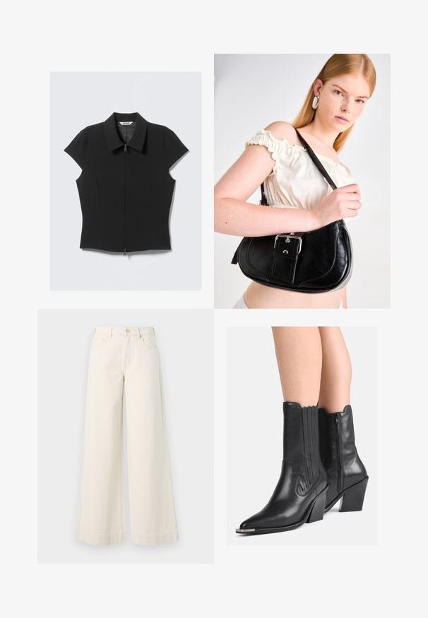 Blouse noire ajustée à manches courtes avec fermeture éclair à l'avant et large col, posée à plat sur un fond blanc.; Pantalons en denim beige clair à jambes larges, taille haute, avec deux poches avant, fermeture à bouton et détails de couture subtils.; Bottes de cowboy en cuir noir jusqu'aux mollets avec pointes, talons empilés, fermeture éclair sur le côté et couture décorative, portées sur des jambes nues.; Sac à épaule en cuir noir au design arrondi, matériel en argent poli et étiquette amovible. Texture lisse avec des détails de couture subtils.; Boucles d'oreilles en argent en forme de hoops avec une finition lisse et polie. Forme ronde avec un design légèrement courbé et des bords fondus. Fermeture à pin.