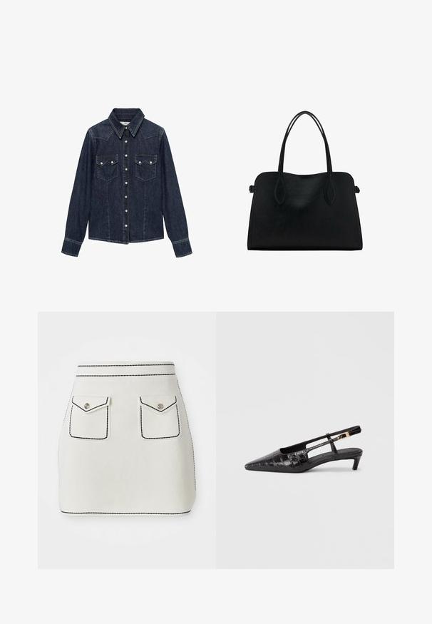 Mango Chemisier - dark blue; Mini-jupe en tissu blanc avec des coutures noires, dotée de deux poches avant avec des rabats et des accents de boutons en argent. Texture lisse avec une forme structurée.; Chaussure noire en cuir à bout pointu, type slingback, avec une texture crocodile, petit talon empilée et une sangle ajustable avec détail de boucle métallique.; Sac à main en cuir noir avec deux anses, de forme rectangulaire et au design minimaliste sur un fond blanc.